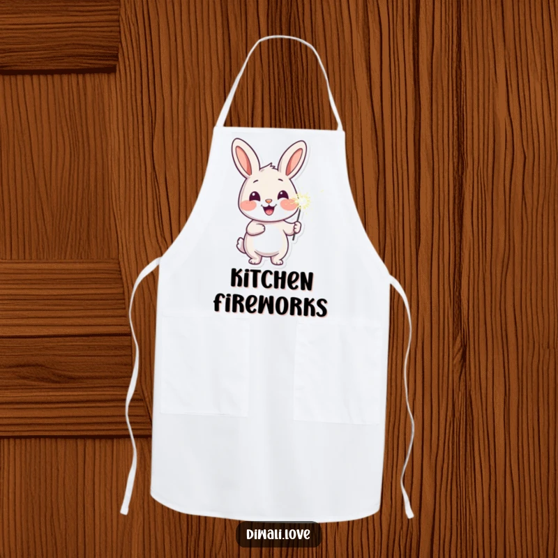 Funny cheerful rabbit apron with a sparkler, ideal for joyful and humorous cooking experiences.