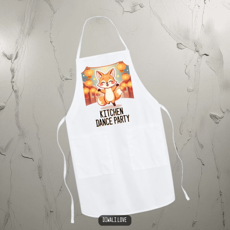Funny dancing fox apron with glowing lanterns, ideal for joyful and humorous cooking adventures.
