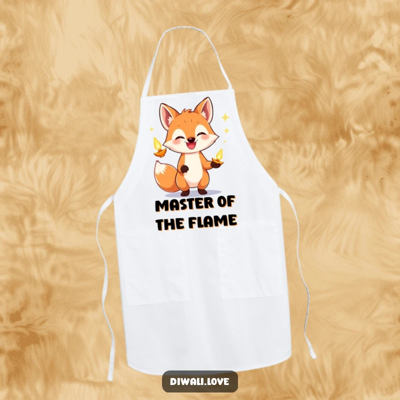 Funny fox apron designed for cooking, featuring a grinning fox juggling luminous diyas, perfect for festive meal prep.