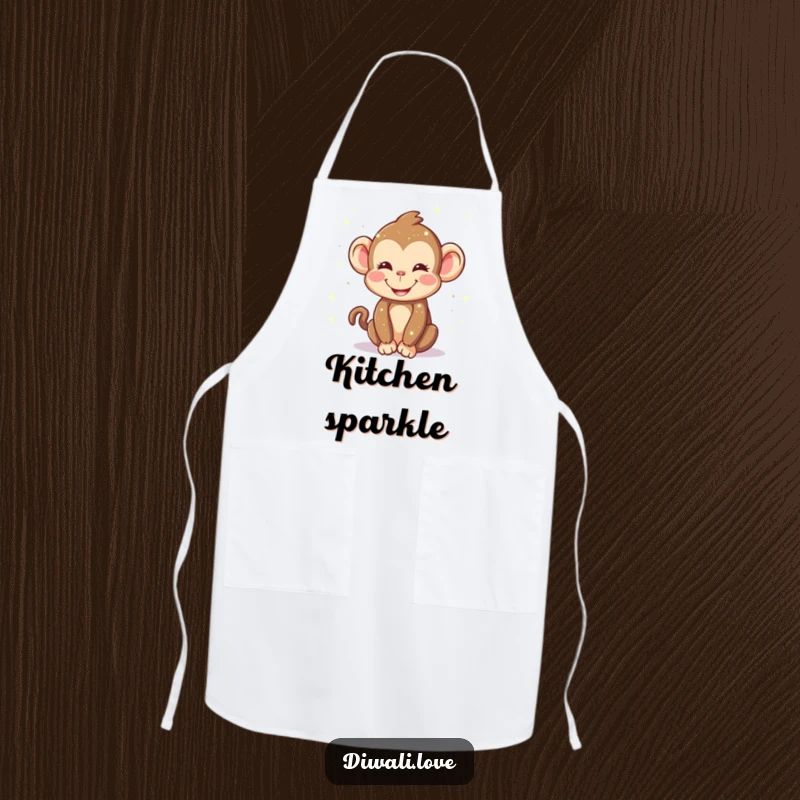 Funny apron: A happy monkey cheerfully sprinkling sparkling lights, a practical and whimsical kitchen accessory.