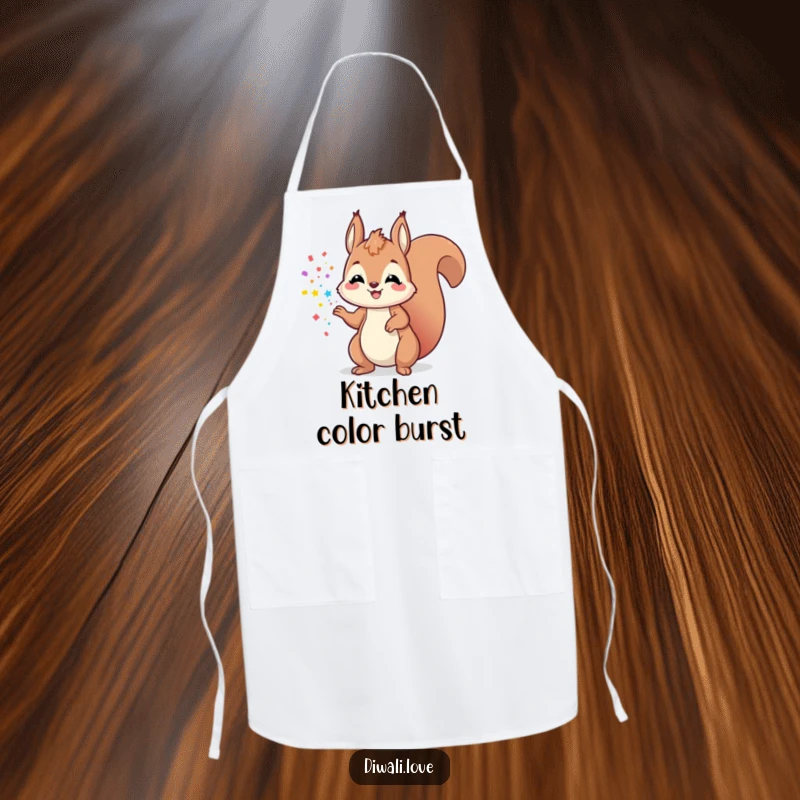 Funny playful squirrel apron tossing colorful powder, ideal for joyful and humorous cooking adventures.