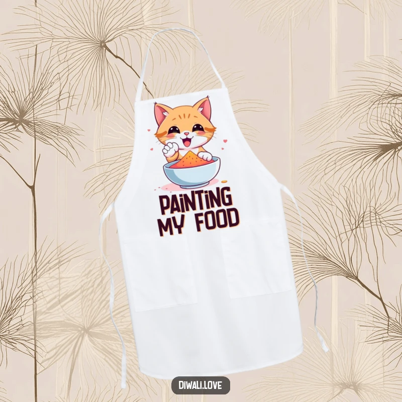 Funny cat apron designed for cooking, featuring a happy cat playfully dipping its paw into a bowl of bright gulal.