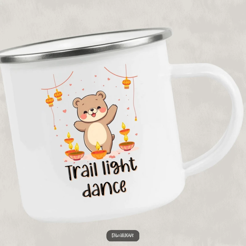Funny camping mug: A playful bear dancing amidst floating diyas, durable and cheerful for outdoor fun.