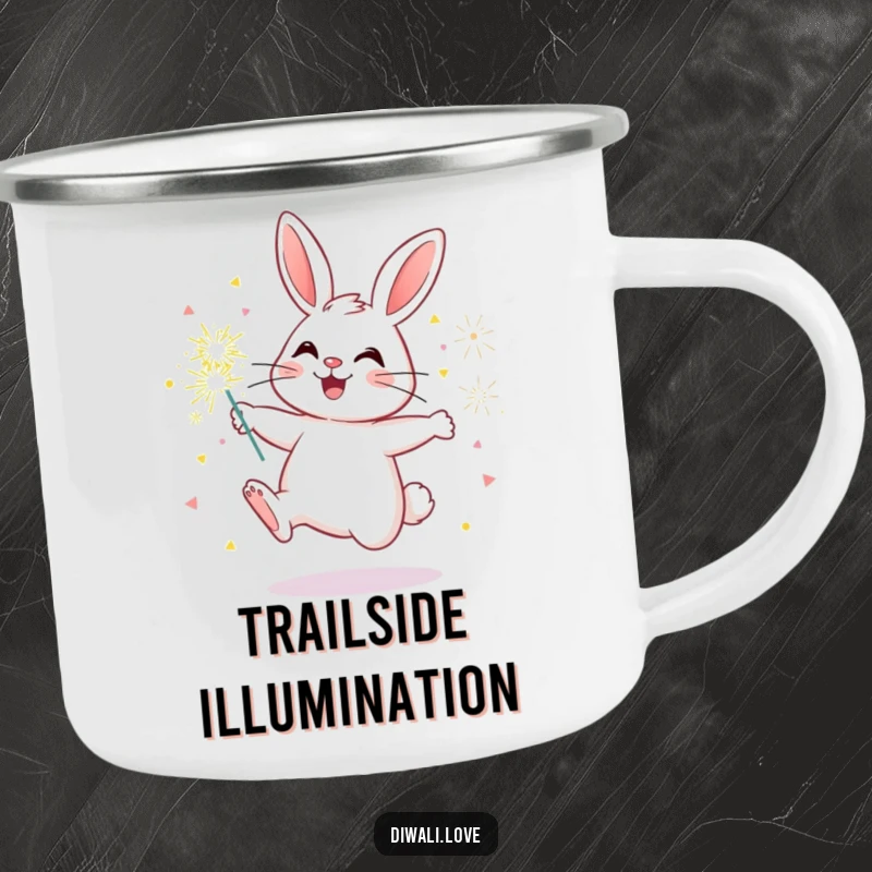 Funny bunny camping mug showing a cheerful rabbit with sparklers, perfect for enjoying drinks during outdoor adventures.