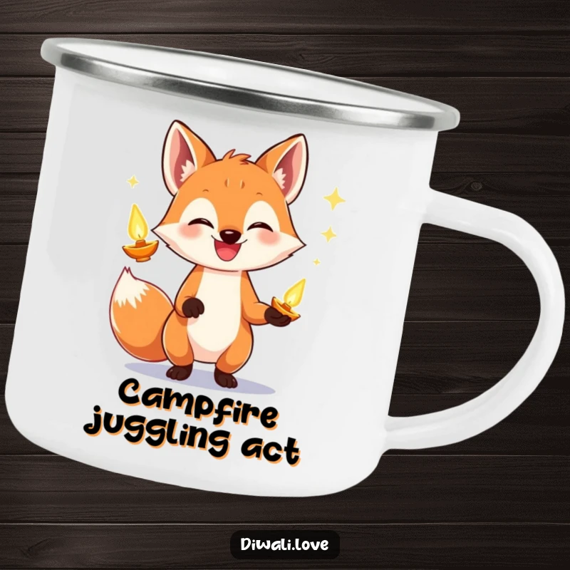 Funny fox camping mug showing a grinning fox juggling glowing diyas, perfect for enjoying drinks during outdoor escapades.