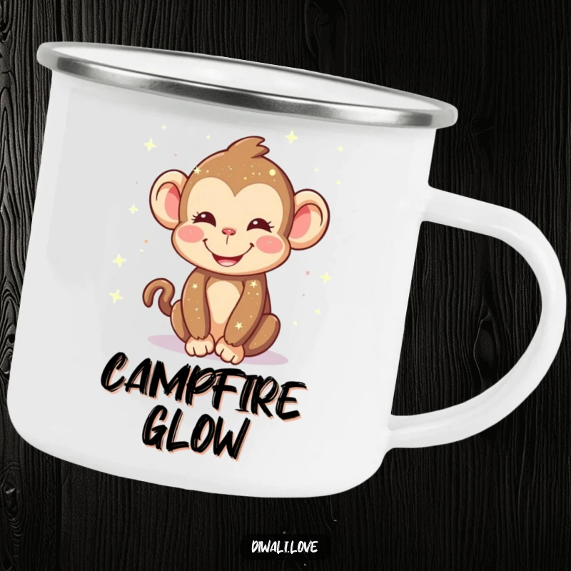 Funny camping mug: A happy monkey sprinkling sparkling lights, durable and cheerful for any adventure.
