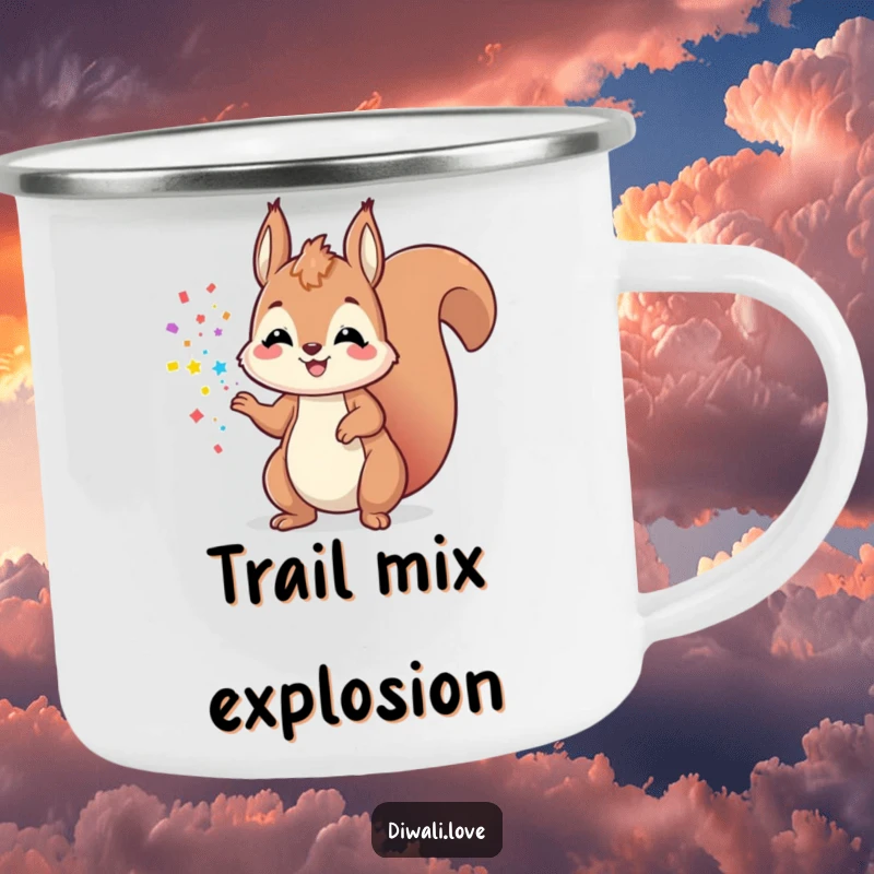 Funny playful squirrel camping mug tossing colorful powder, designed for joyful outdoor fun and humor.
