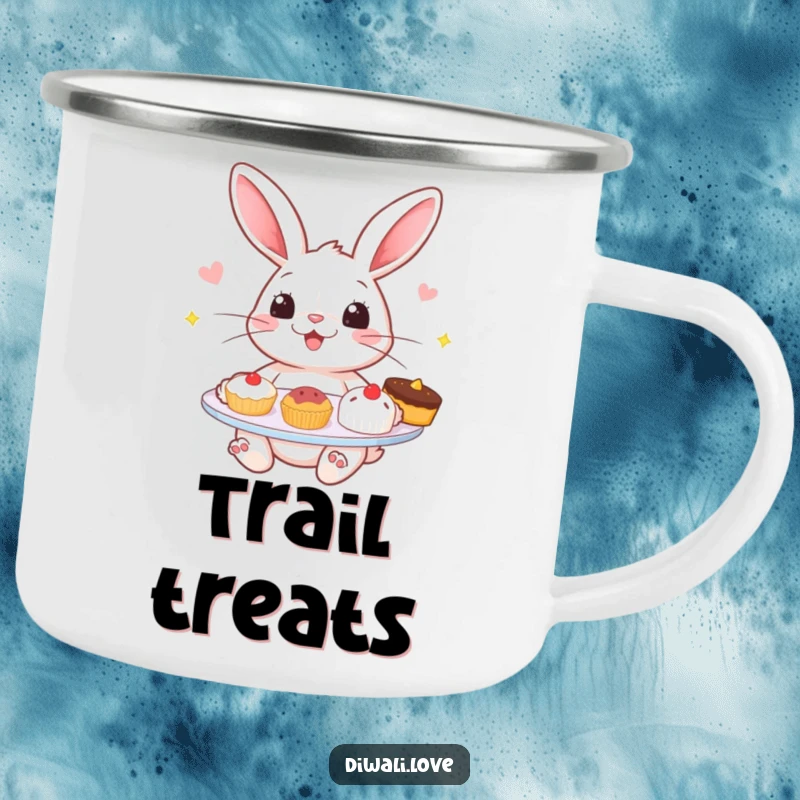 Funny camping mug: A cheerful rabbit offering tempting sweets, durable and delightful for outdoor fun.