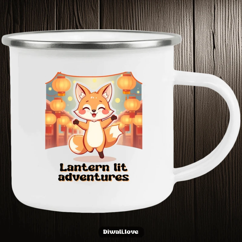 Funny dancing fox camping mug illuminated by lanterns, designed for joyful outdoor fun and humor.