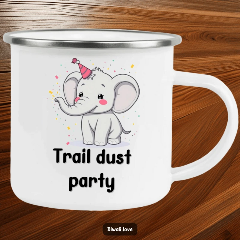 Funny camping mug: A festive elephant joyfully tossing Holi powder, durable and cheerful for adventures.