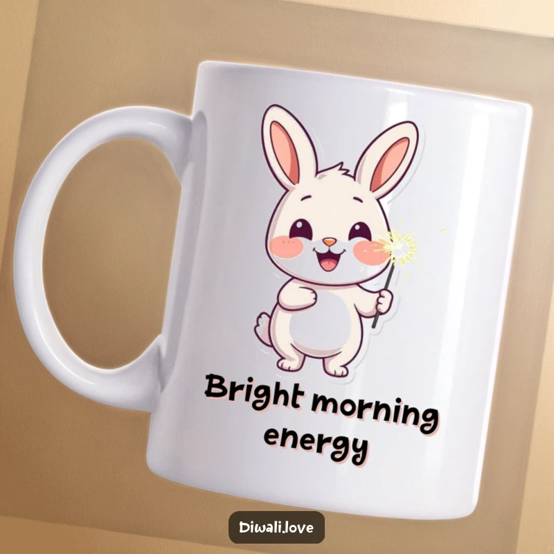 Funny cheerful rabbit mug with a sparkler illuminating its face, radiating happiness and joy.