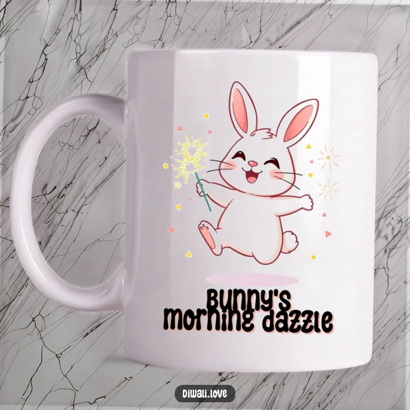 Funny bunny mug with a cheerful rabbit bouncing joyfully with a handful of colorful sparklers, perfect for festive occasions.