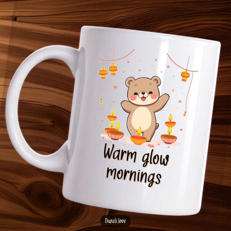 Funny mug: A playful bear joyfully dancing surrounded by glowing, floating diyas, spreading festive light.