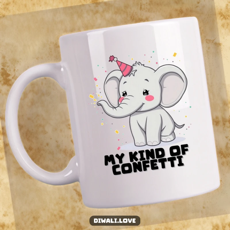 Funny mug: A festive elephant joyfully tosses colorful powder with a happy expression, perfect for Holi celebrations.