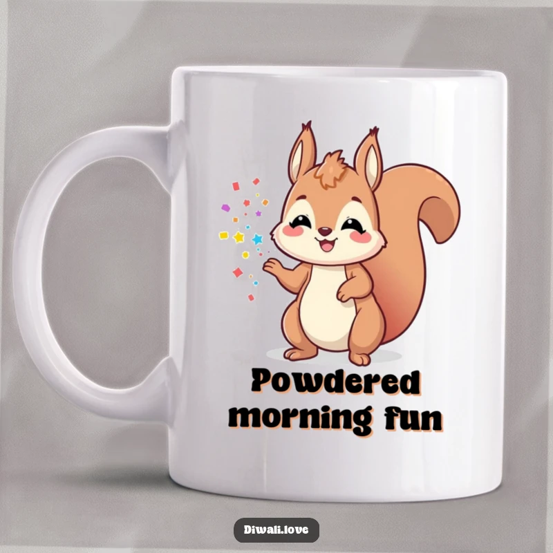 Funny playful squirrel mug tossing colorful powder with a smile, radiating cheerful energy and fun.
