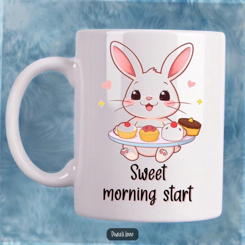 Funny mug: A cheerful rabbit with a happy expression offers a plate overflowing with tempting, delicious sweets.