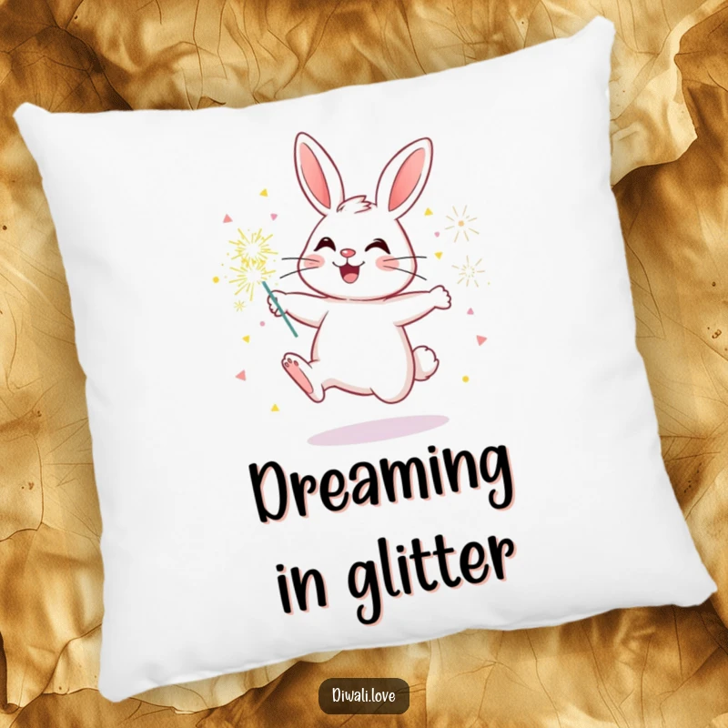 Funny bunny pillow depicting a cute, cheerful rabbit holding bright sparklers, adding a playful and festive accent.