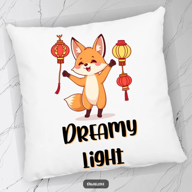 Funny pillow: A curious fox juggling ornate lanterns, adding a touch of whimsical charm to decor.