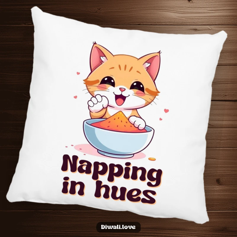 Funny cat pillow depicting a happy cat dipping its paw into a bowl of vibrant gulal powder, perfect for a cheerful accent.