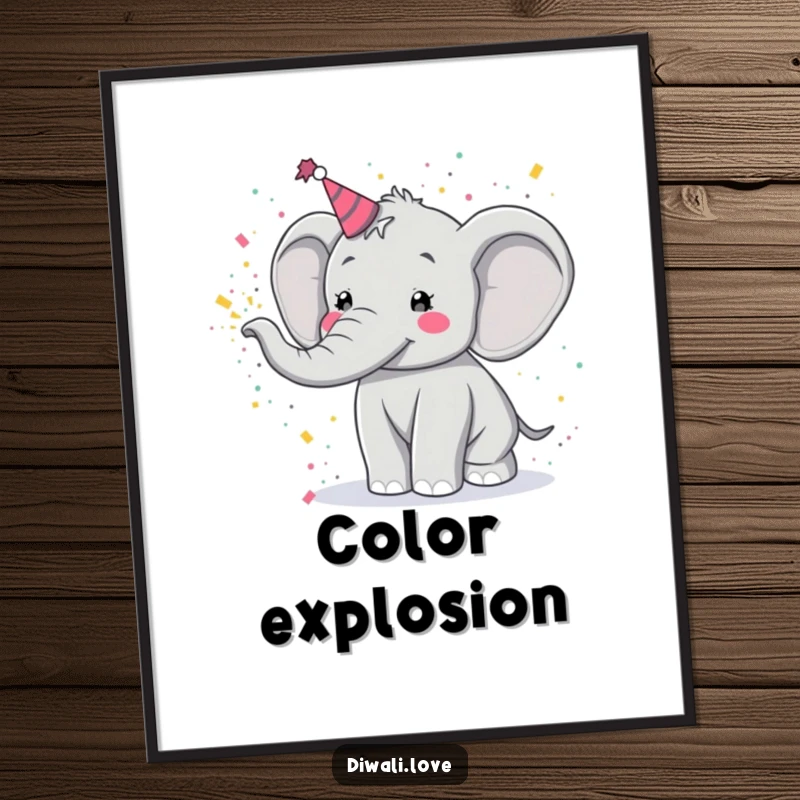 Funny digital art print: A festive elephant joyfully tossing colorful powder, vibrant and celebratory wall decor.