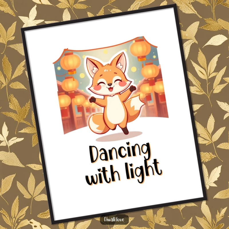 Funny dancing fox digital art print with glowing lanterns, perfect for instant joyful and humorous decor.
