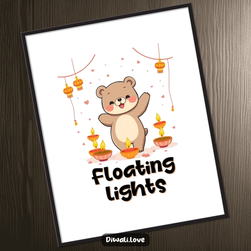 Funny digital art print: A playful bear dancing among floating diyas, vibrant and magical wall decor.