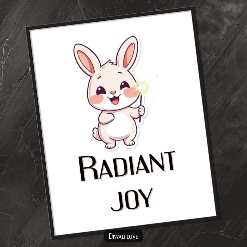 Funny cheerful rabbit digital art print with a sparkler, perfect for instant joyful and humorous decor.