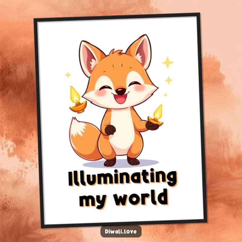 Funny fox digital art print of a wide-grinning fox skillfully juggling glowing diyas, ready for instant display.