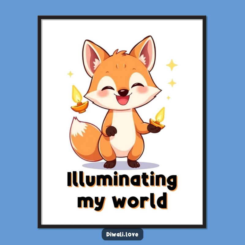 Funny Fox Diya Juggling Digital Art: Instant Festive Glow for Your Walls