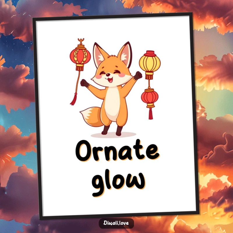 Funny digital art print: A curious fox juggling ornate lanterns, vibrant and magical wall decor.