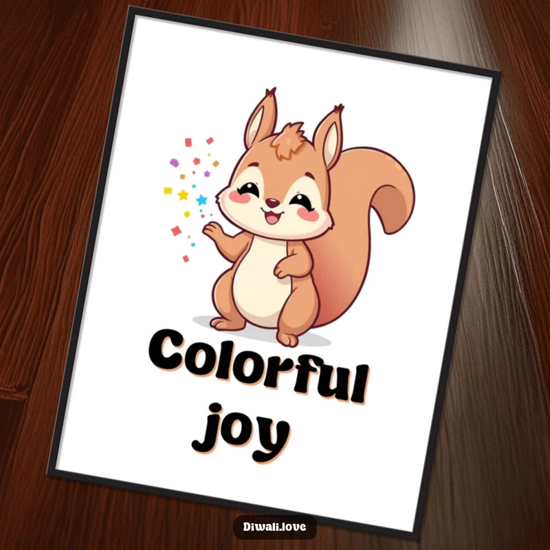 Funny playful squirrel digital art print tossing colorful powder, perfect for instant joyful and humorous decor.