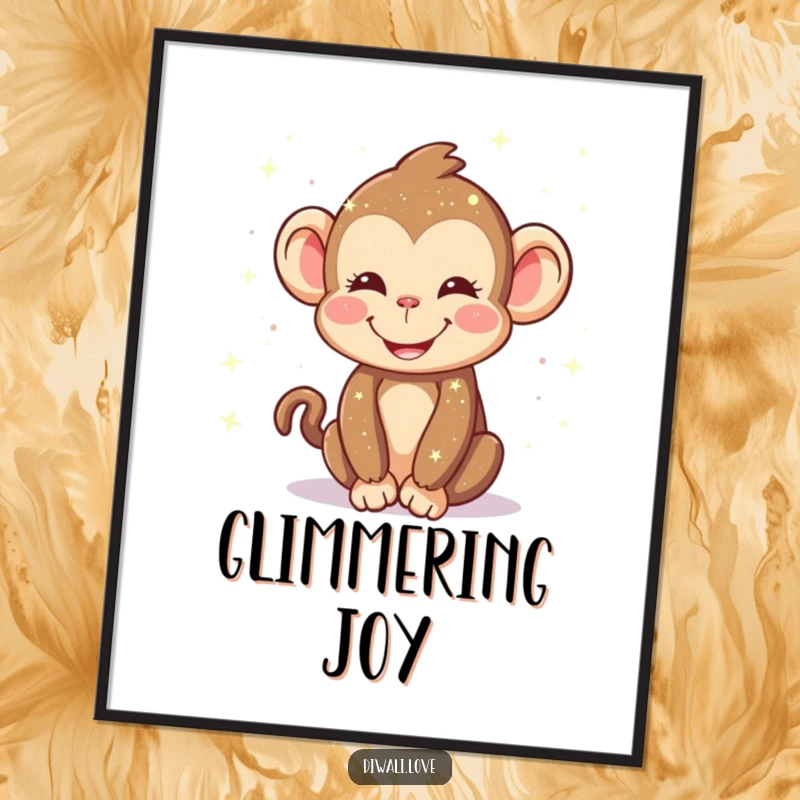 Funny digital art print: A happy monkey smiling and sprinkling sparkling lights, vibrant and magical wall decor.