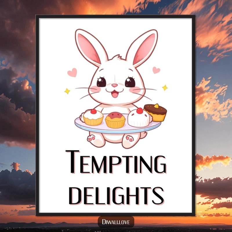 Funny digital art print: A cheerful rabbit offering tempting sweets, vibrant and delightful wall decor.