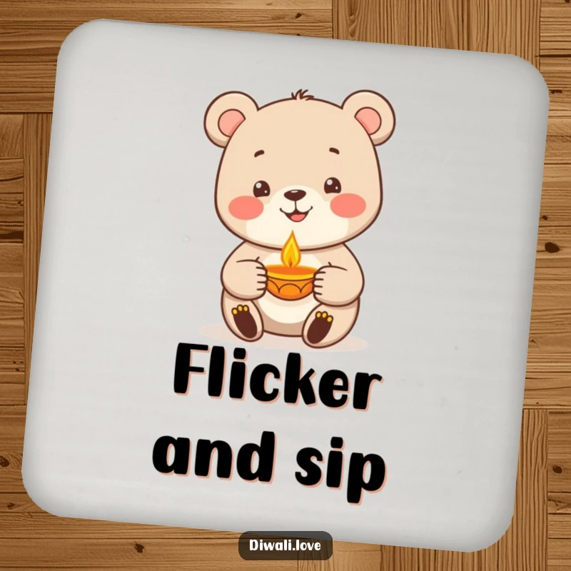 Funny bear character holding a warm diya lamp, a humorous drink coaster for protecting surfaces with a smile, nice gift.