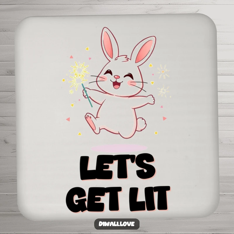 Funny bunny coaster featuring a cheerful rabbit holding sparklers, adding a pop of color and festivity to drink service.