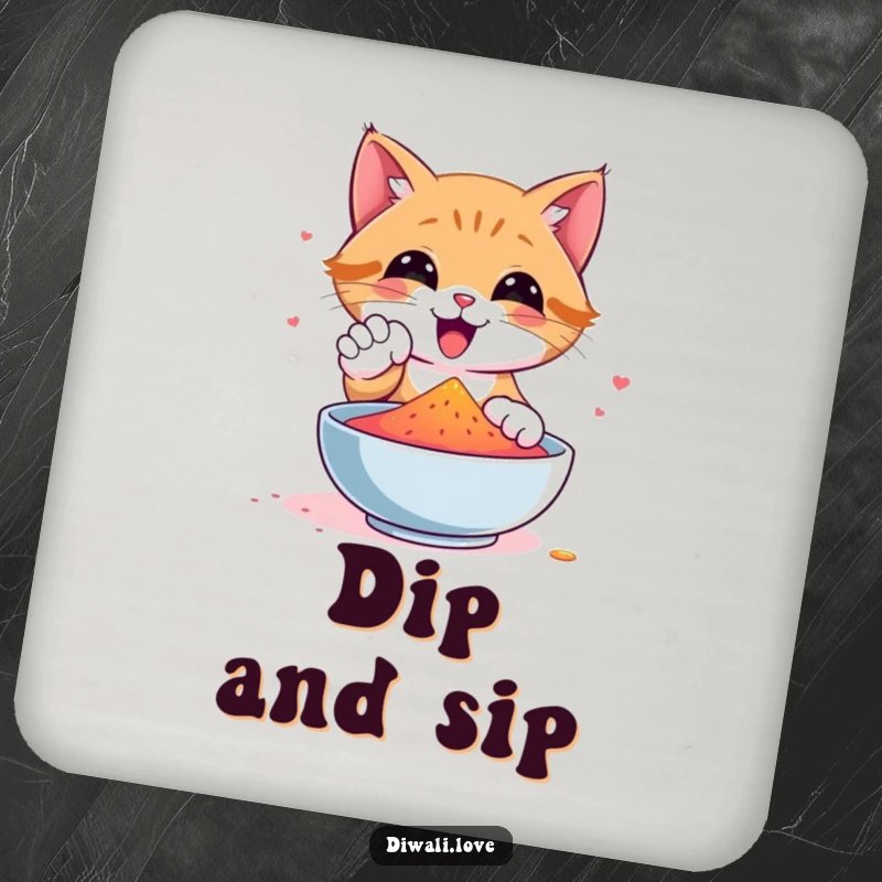 Funny cat coaster featuring a happy cat's paw dipping into colorful gulal powder, adding a playful touch to drink service.