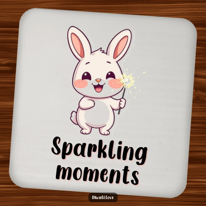 Funny cheerful rabbit sparkler coaster, offering joyful and humorous surface protection.