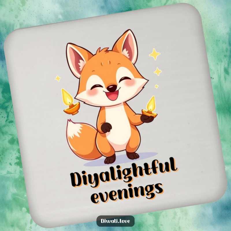 Funny fox coaster featuring a grinning fox juggling luminous diyas, adding a warm and festive touch to drink service.