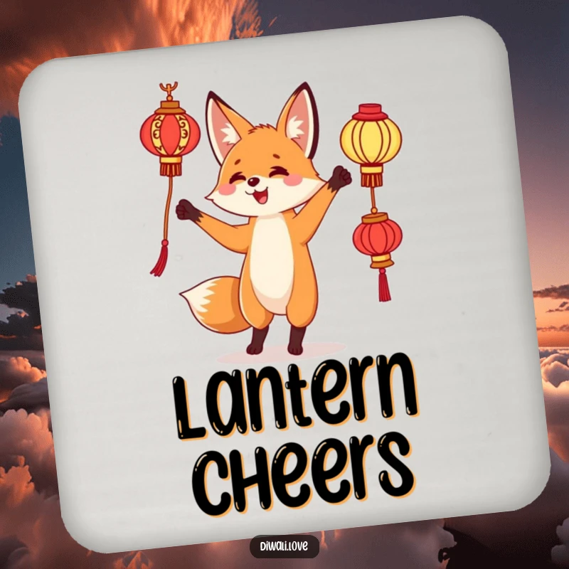 Funny drink coaster: A curious fox juggling ornate lanterns, a protective and magical tabletop accessory.