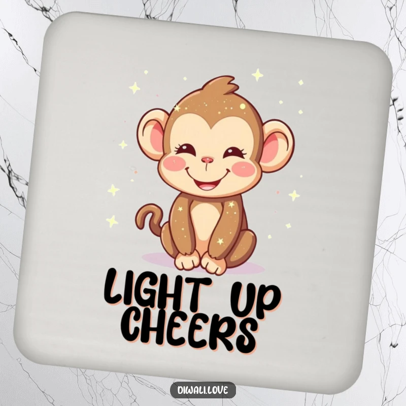 Funny drink coaster: A happy monkey sprinkling sparkling lights, a protective and whimsical tabletop accessory.