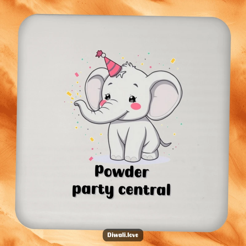 Funny drink coaster: A festive elephant joyfully tossing colorful powder, a protective and humorous addition.