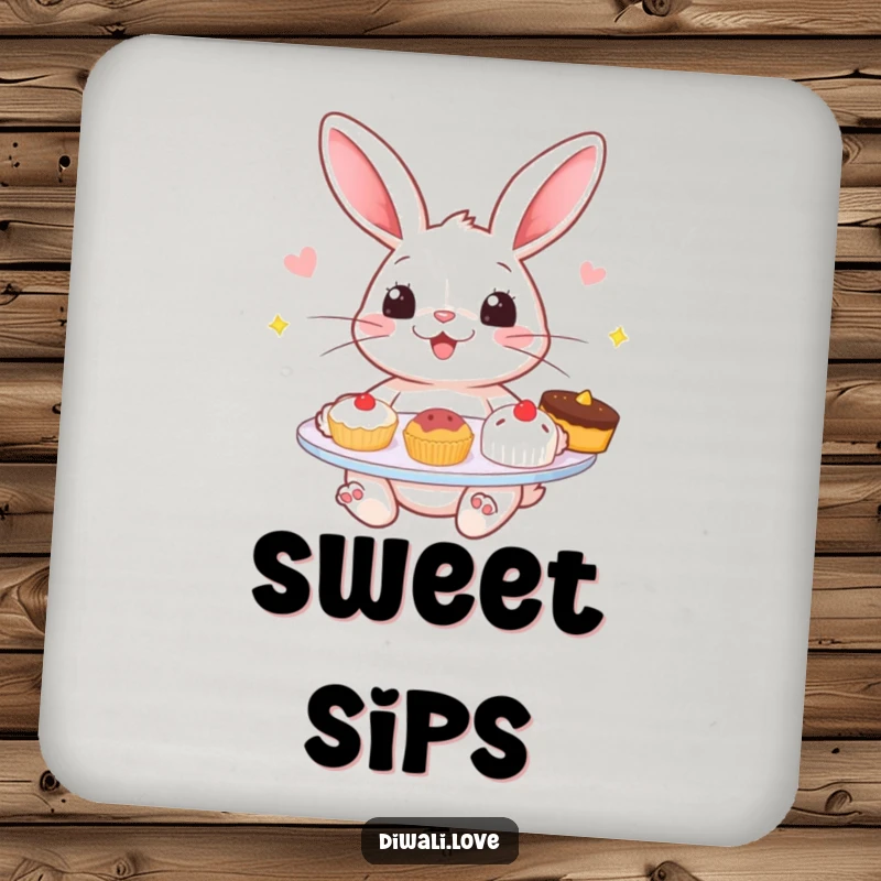 Funny drink coaster: A cheerful rabbit offering tempting sweets, a protective and delightful tabletop accessory.