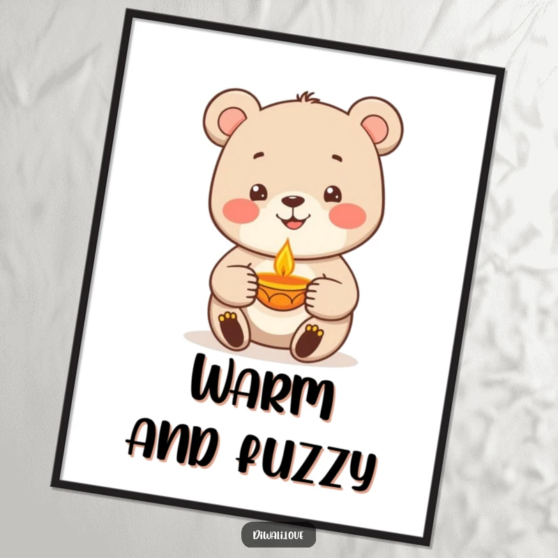 Funny bear character holding a softly glowing diya lamp, a heartwarming and humorous art print for wall decor, ideal gift.