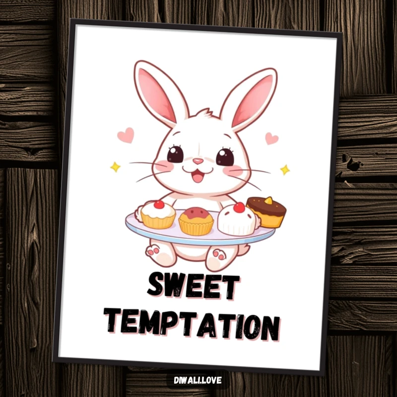 Funny poster: A cheerful rabbit offering a plate brimming with tempting sweets, a delightful piece of art.