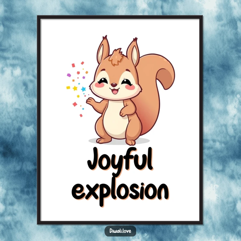 Funny playful squirrel poster tossing colorful powder with a smile, creating vibrant and humorous wall art.