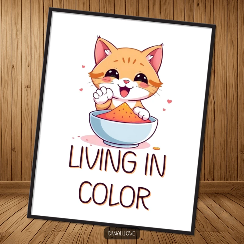 Funny cat poster art of a happy cat playfully interacting with a bowl of bright, powdered gulal, creating a festive scene.
