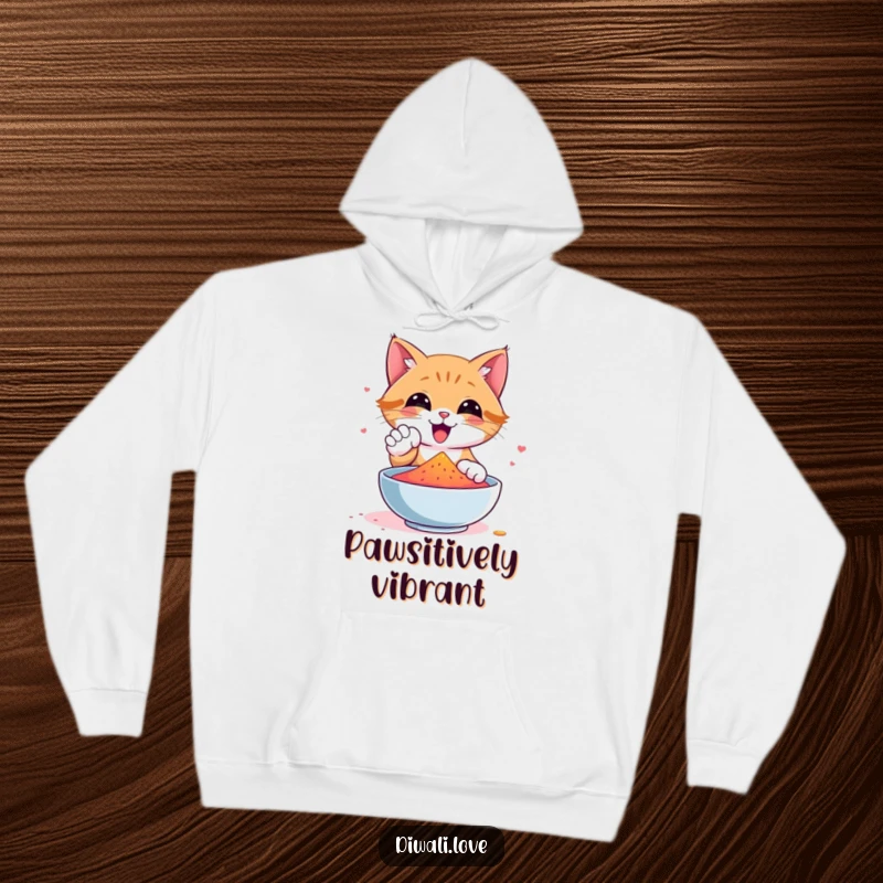 Funny cat hoodie showing a happy cat dipping its paw into a bowl of bright gulal powder, radiating cheerful energy.