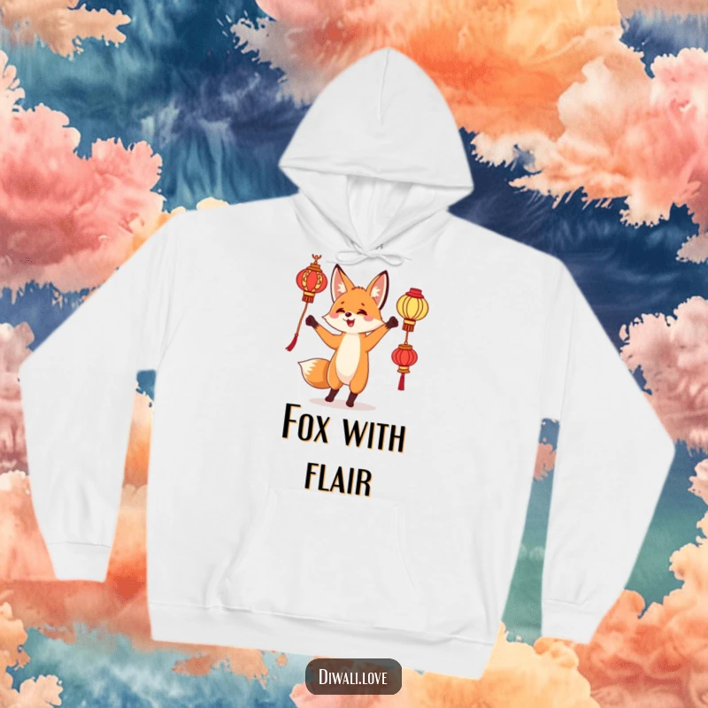 Funny hoodie: A curious fox juggling ornate lanterns with a look of pure joy and wonder.