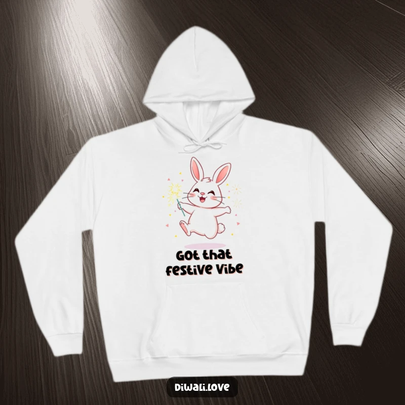 Funny bunny hoodie showing a happy rabbit holding a bunch of dazzling sparklers, radiating warmth and festive excitement.