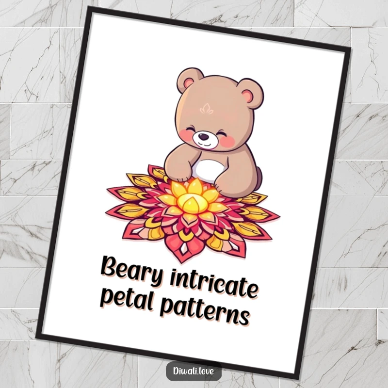 Funny Free Printable Wall Art of a curious bear carefully decorating a detailed rangoli pattern with softly glowing petals.